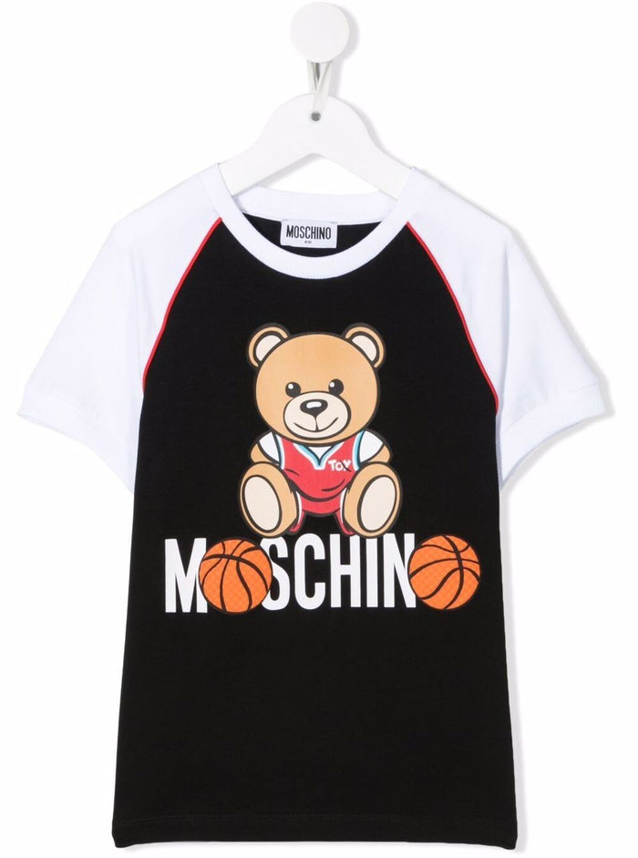 Moschino Kids Boys Bicolor Cotton T-Shirt With Logo Print Black Elastane Tshirts And Polo Shirts