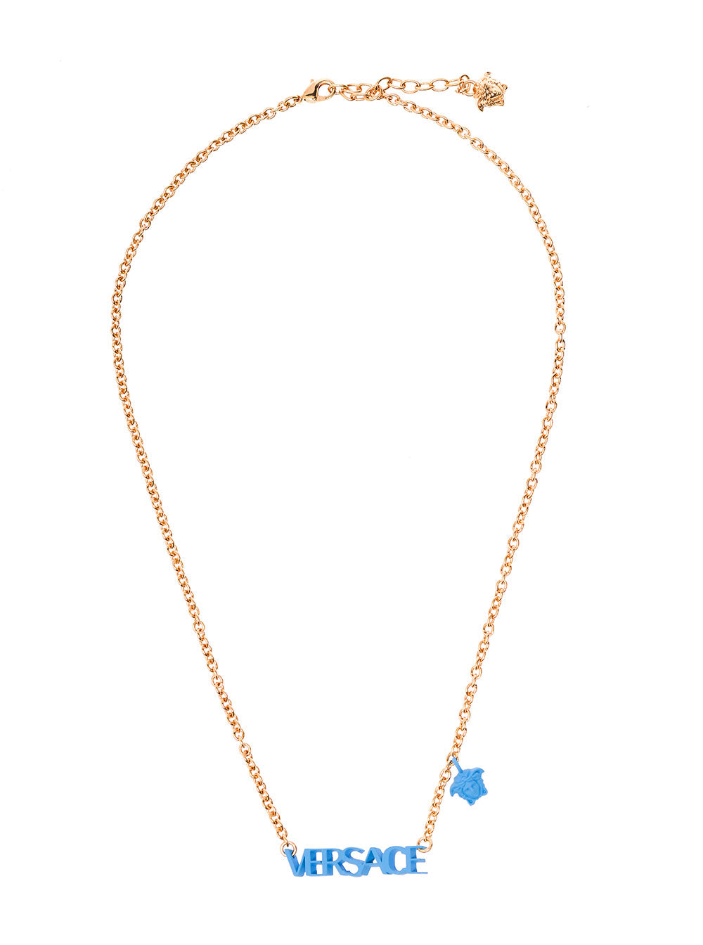 Versace Womans Light Blue Metal Chain Necklace With Logo Blu Necklaces