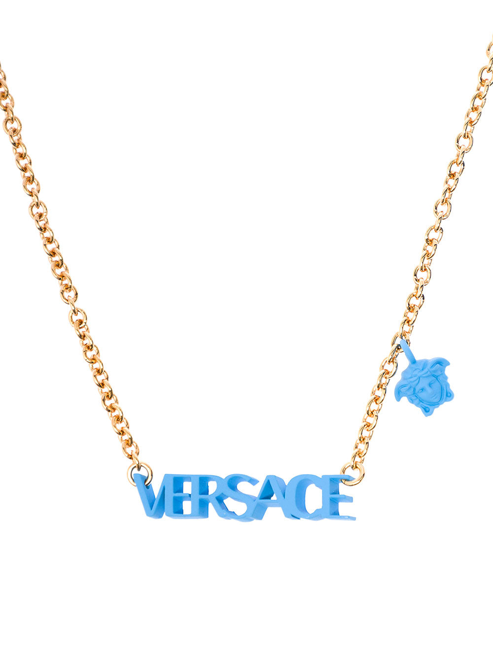 Versace Womans Light Blue Metal Chain Necklace With Logo Blu Necklaces