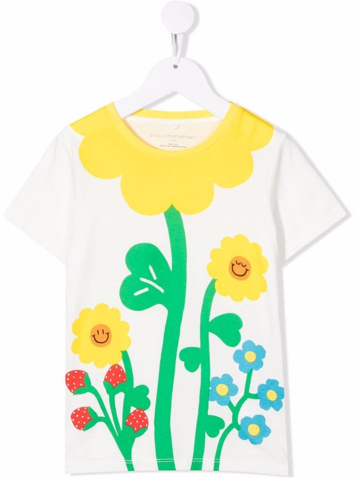 Stella Mc Cartney Kids Girls Multicolor Floral Print Cotton T-Shirt White Tshirts And Polo Shirts