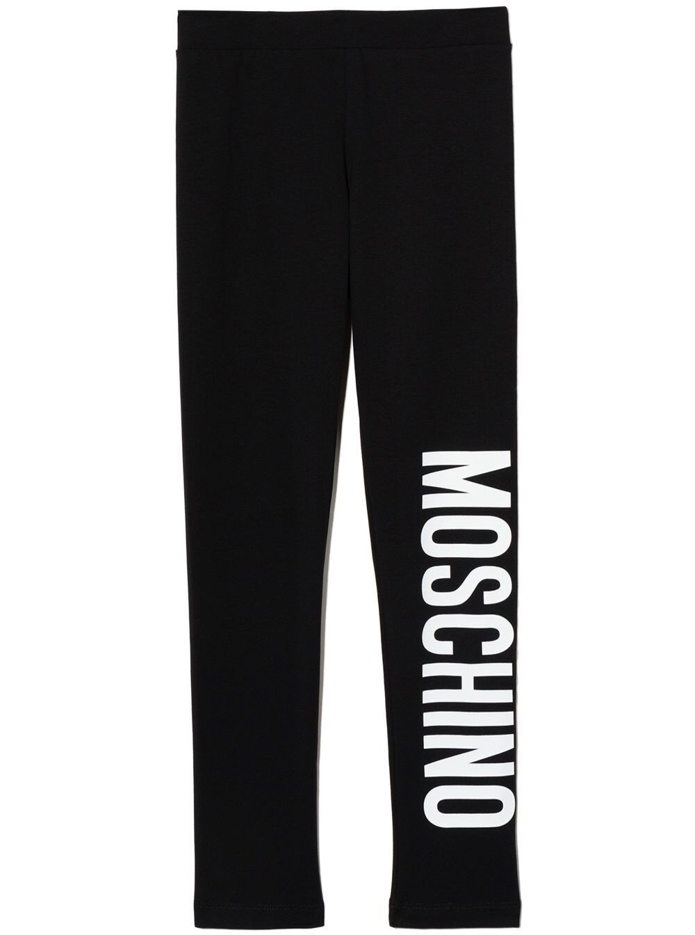Moschino Kids Girls Black Cotton Leggings With Logo Print Elastane Trousers