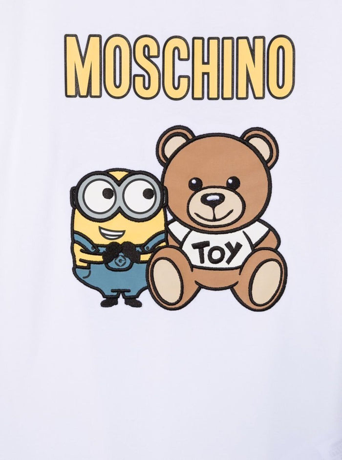 Moschino Kids Boys Cotton Crew Neck T-Shirt With Logo Print White Elastane Tshirts And Polo Shirts