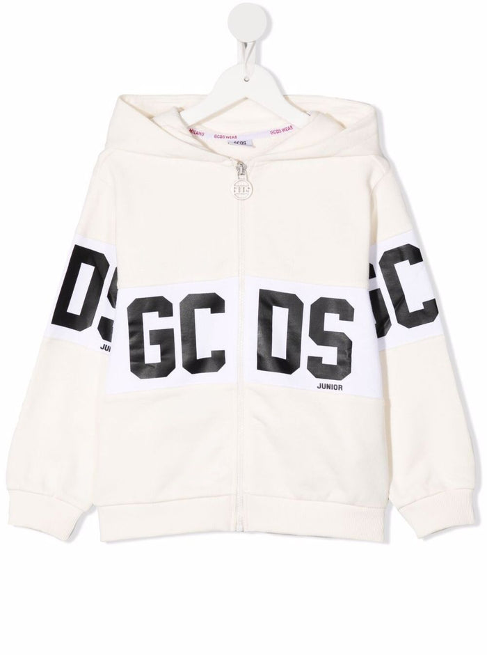 Gcds Boys White Cotton Hoodie With Logo Sweatshirts
