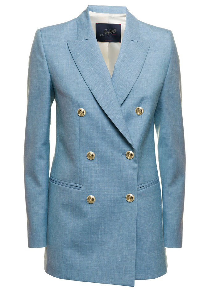 Betty Seafarer Womans Double-Breasted Light Blue Wool Blazer Virgin Silk Linen Blazers