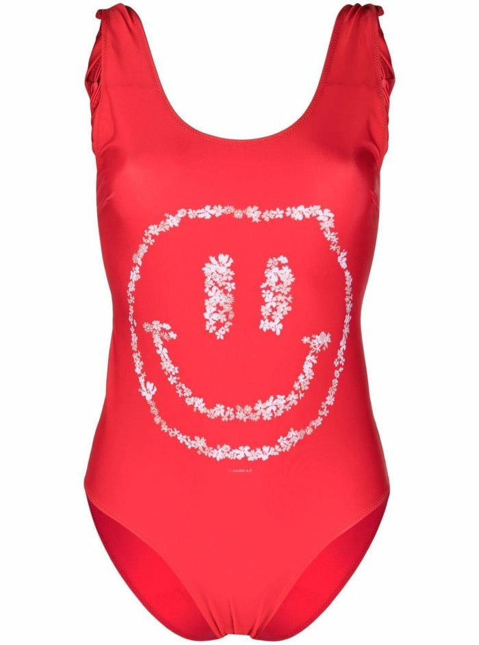 Red One-Piece Swimsuit With Smile Print Recycled Polyester Elastane Beachwear