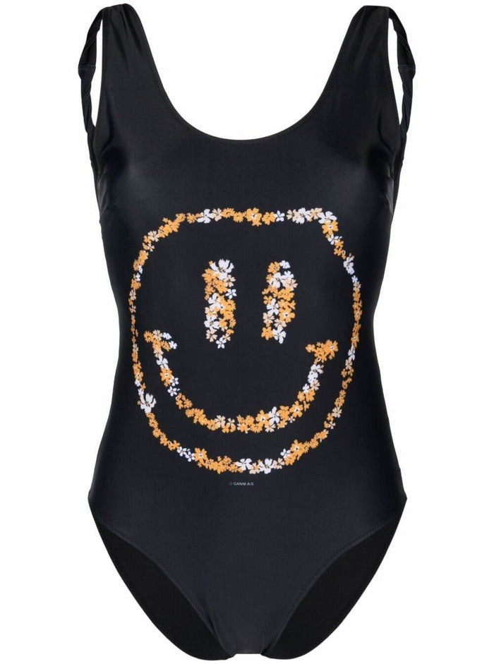 Black One-Piece Swimsuit With Smile Logo Recycled Polyester Elastane Beachwear