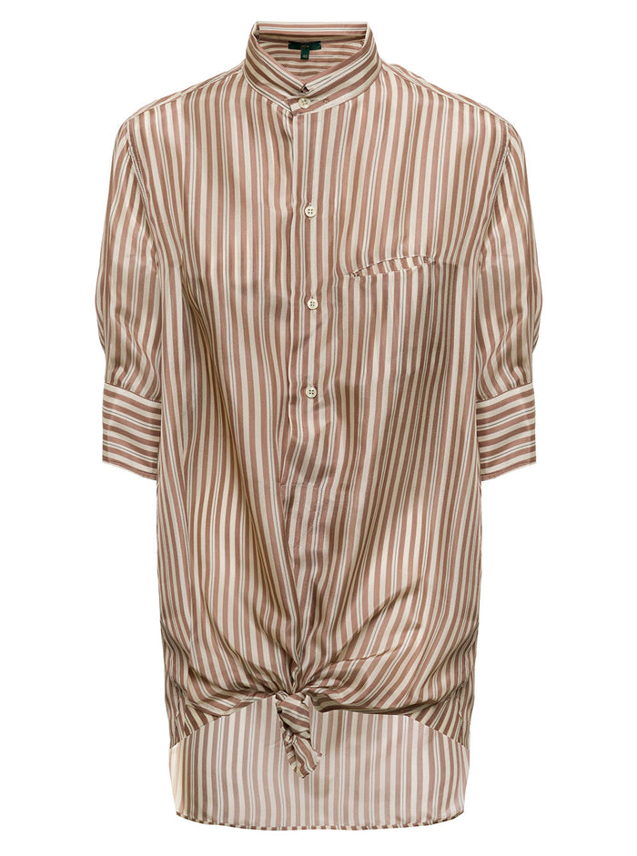 Jejia Womans Ines Striped Silk Shirt Beige And Blouses