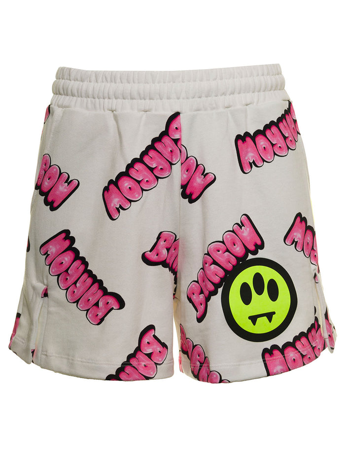 Barrow Mens Cotton Bermuda Shorts With Allover Logo Print White And