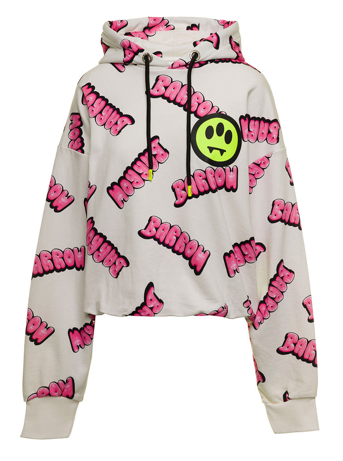 Barrown Mans White Cotton Hoodie With Allover Logo Print Sweatshirts