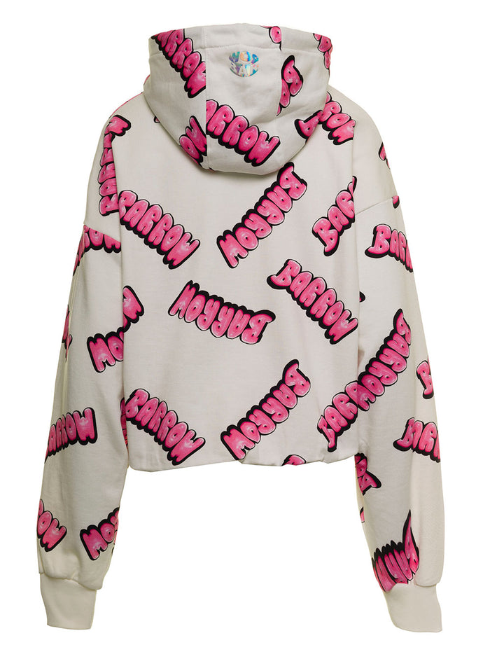 Barrown Mans White Cotton Hoodie With Allover Logo Print Sweatshirts