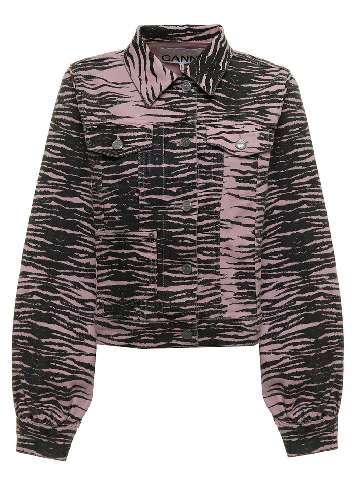 Zebra Printed Organic Denim Jacket Ganni Woman Violet Cotton