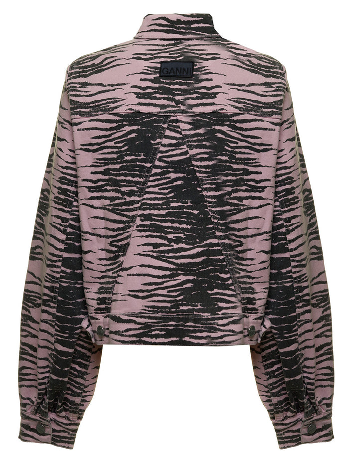 Zebra Printed Organic Denim Jacket Ganni Woman Violet Cotton