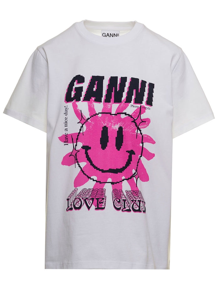 Ganni Womans Sun Love White Jersey T-Shirt Organic Cotton Tshirts And Polo Shirts