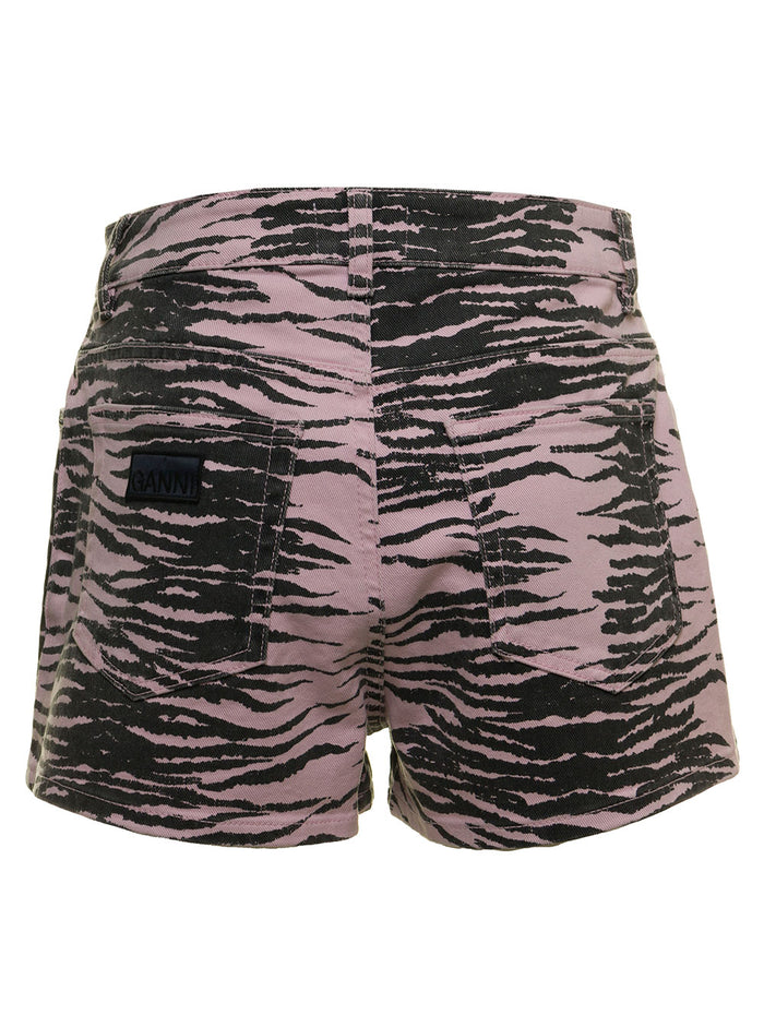 Ganni Womans Organic Denim Zebra Printed Shorts Violet Cotton And Bermuda