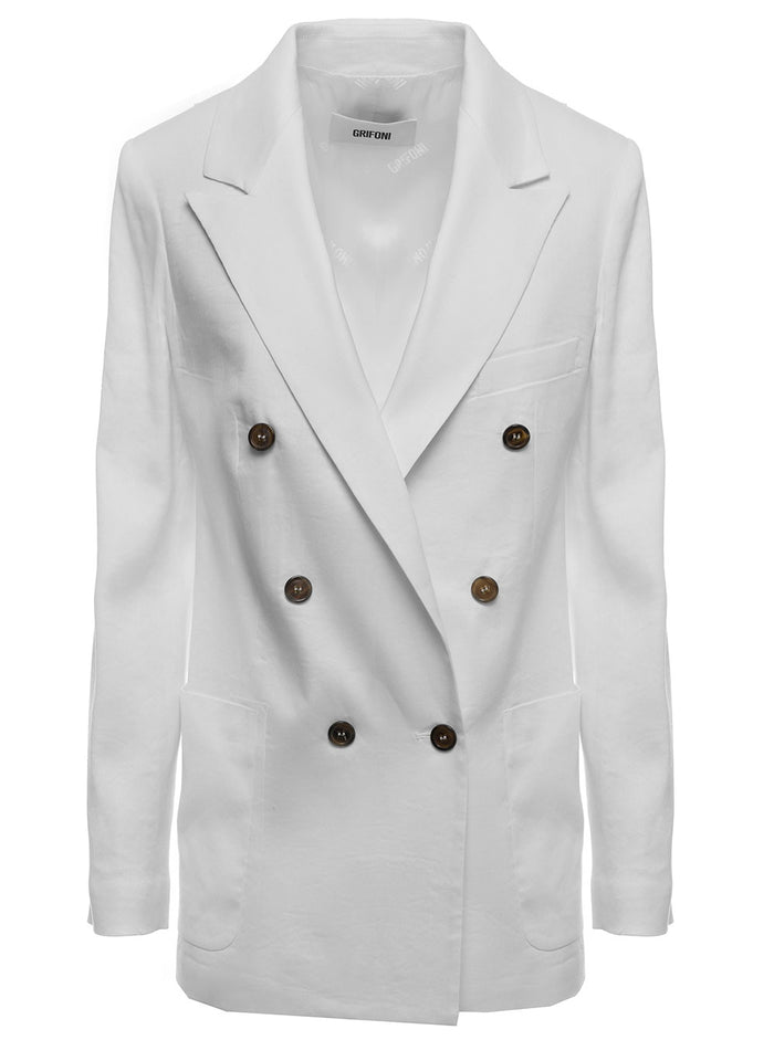Grifoni Womans White Linen And Viscose Double-Breasted Blazer Elastane Blazers