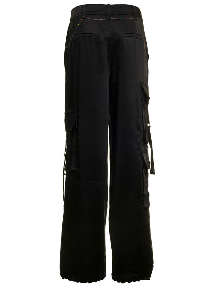 Andersson Bell Womans Inna Black Satin Cargo Pants With Belt Trousers