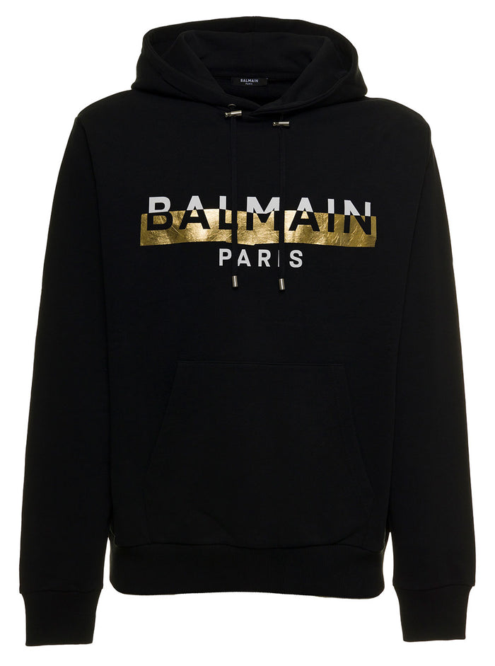 Balmain Mans Black Cotton Hoodie With Logo Print Sweatshirts