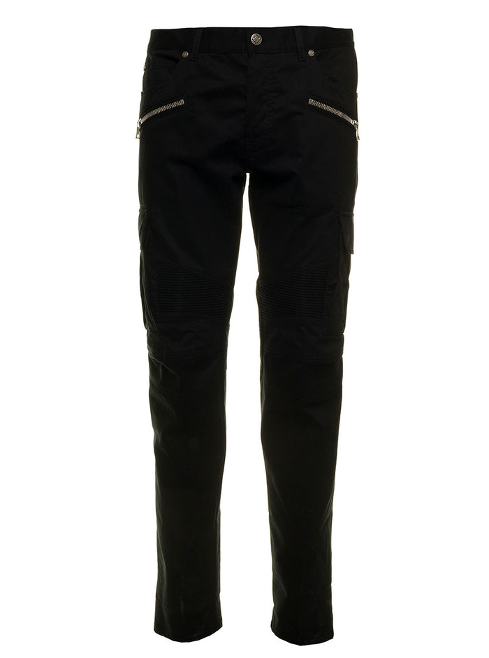 Balmain Mans Black Cotton Cargo Jeans With Zip Élasthanne Trousers