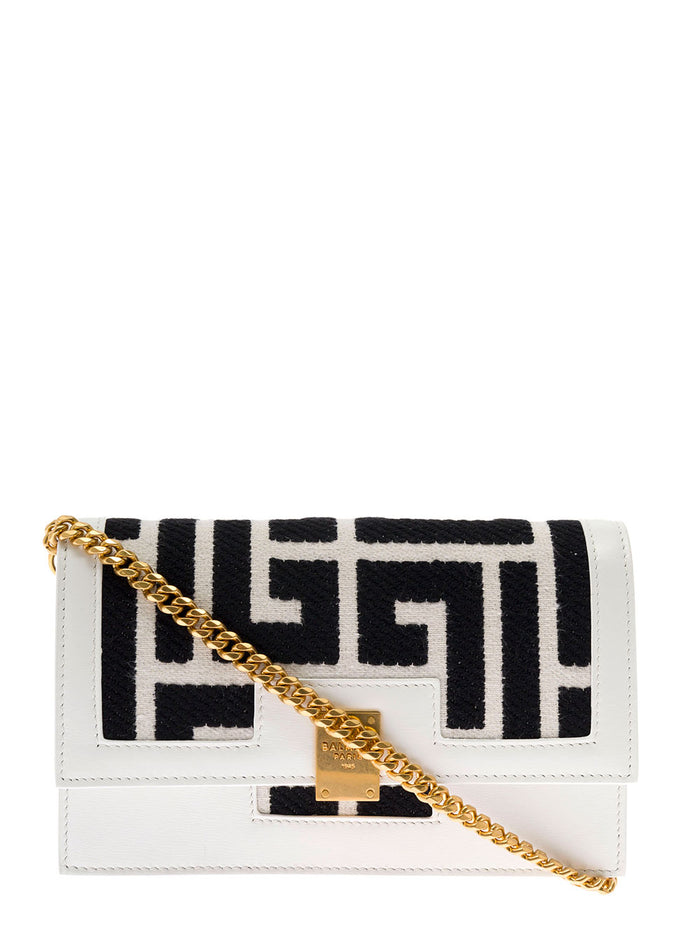 Balmain Womans 1945 Bicolor Monogram Jacquard Crossbody Bag White Cotton Polyester