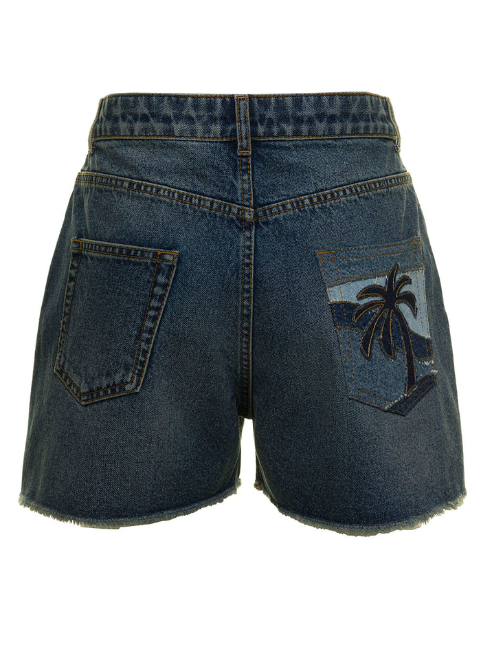 Palm Angels Womans Blue Denim Shorts Blu Cotton And Bermuda