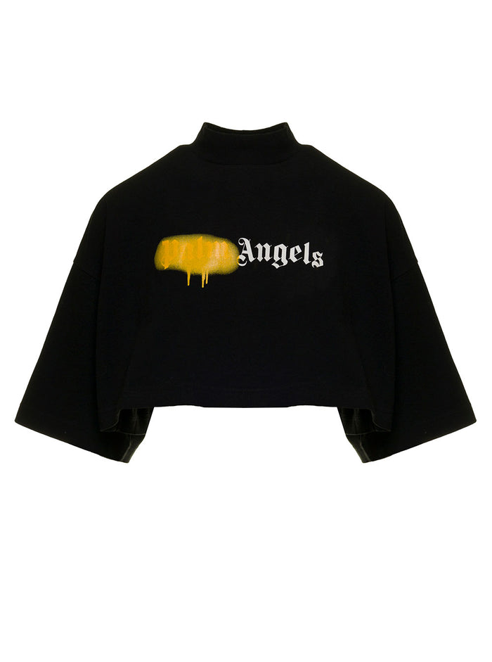 Palm Angels Womans Black Cotton Cropped T-Shirt With Logo Print Tshirts And Polo Shirts