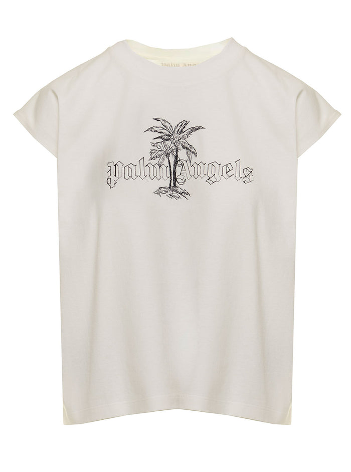 Palm Angels Womans White Cotton T-Shirt With Logo Print Tshirts And Polo Shirts