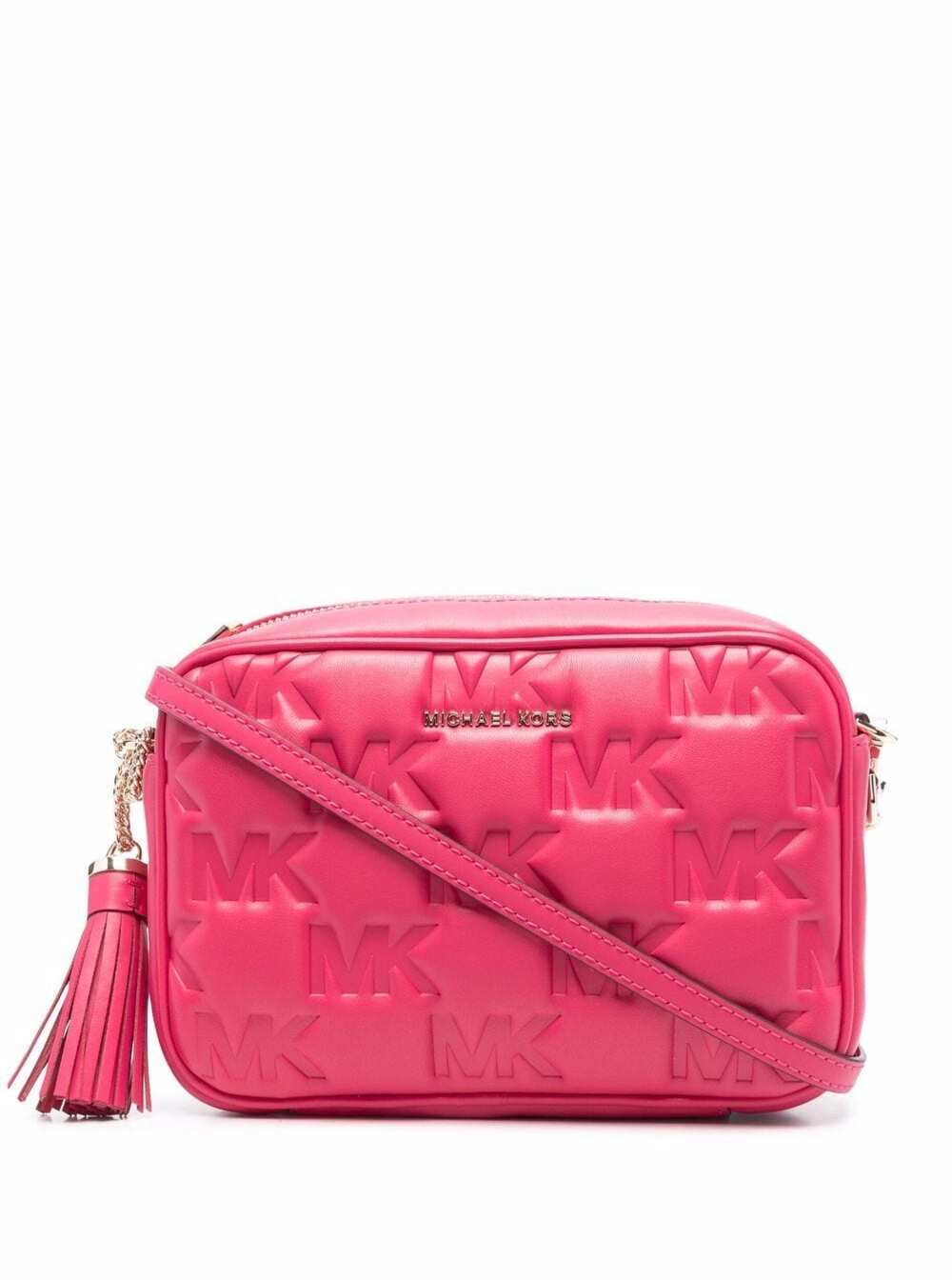 M Michael Kors Womans Jet Set Charm Monogram Leather Crossbody Bag Pink Polyurethane Polyester