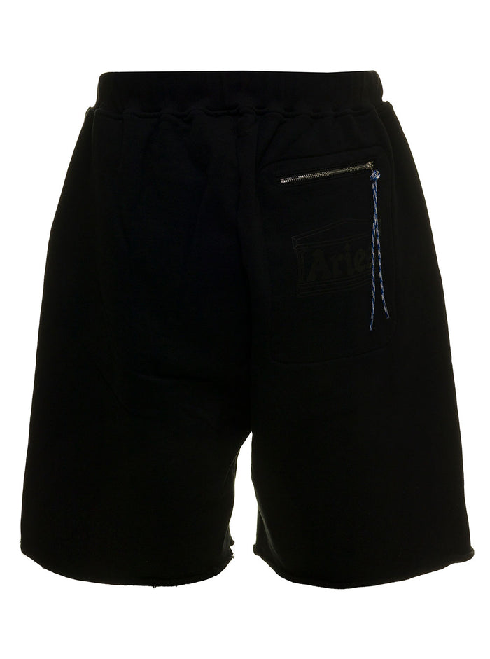 Aries Mans Temple Black Jersey Bermuda With Logo Print Cotton Shorts And