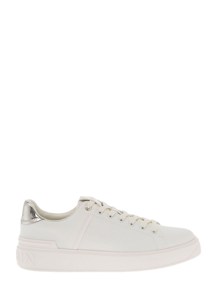 Balmain Mans B-Court White Leather Sneakers With Metallic Heel Tab Cotton