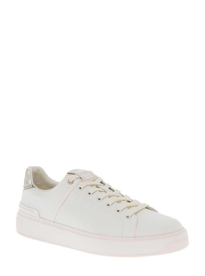 Balmain Mans B-Court White Leather Sneakers With Metallic Heel Tab Cotton