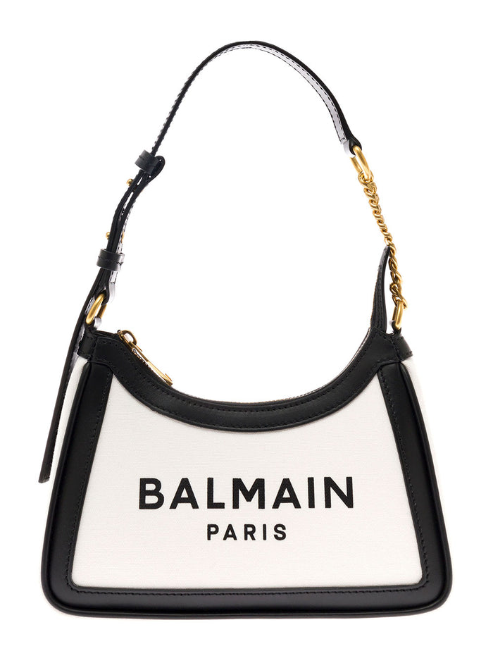 Balamain Womans B-Army Leather And Canvas Shoulder Bag With Logo Print White Cotton