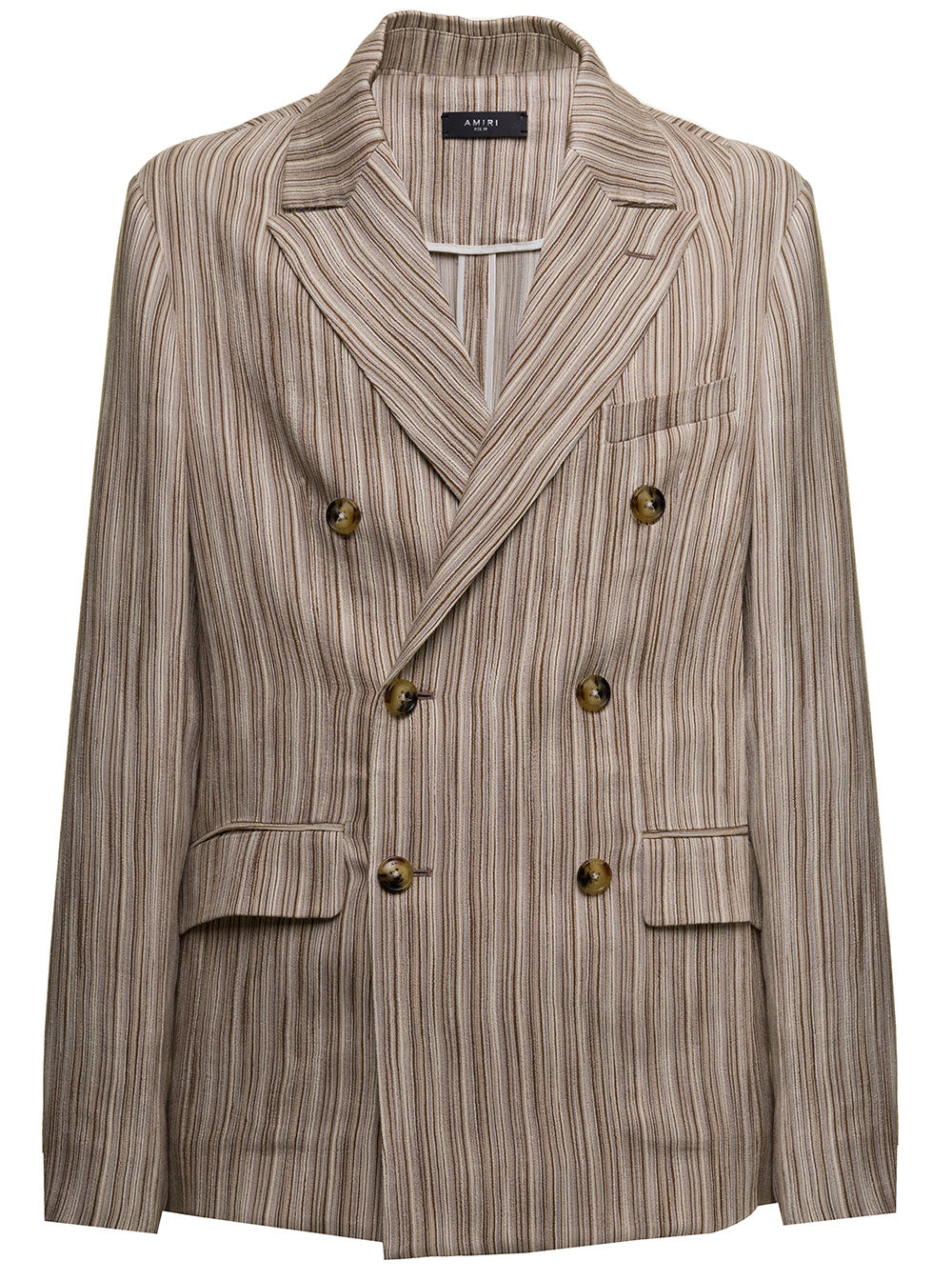 Amiri Mans Double-Breasted Beige Striped Blazer Viscose Silk Blazers