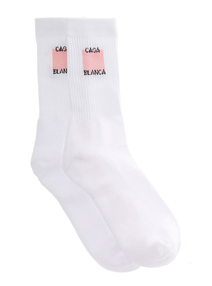 Casablanca Mans White Cotton Socks With Square Logo Print Polyamide Spandex Underwear