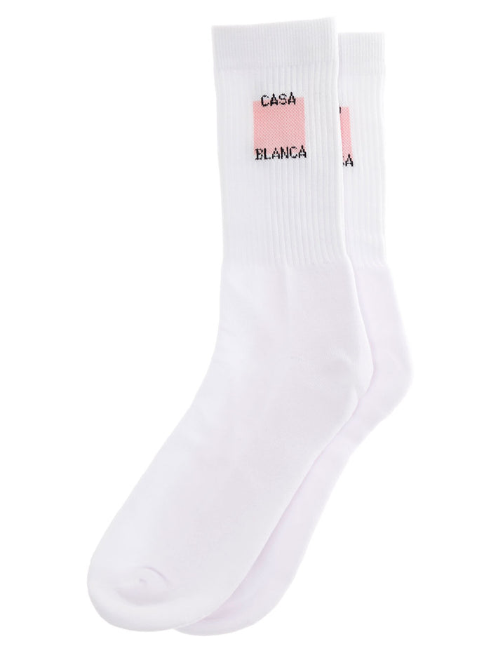 Casablanca Mans White Cotton Socks With Square Logo Print Polyamide Spandex Underwear
