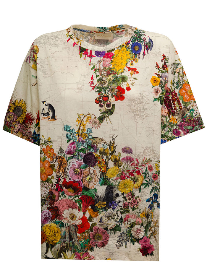 Momonì Womans Jolla Cotton Blend T-Shirt With Floral Print White Kapok Tshirts And Polo Shirts