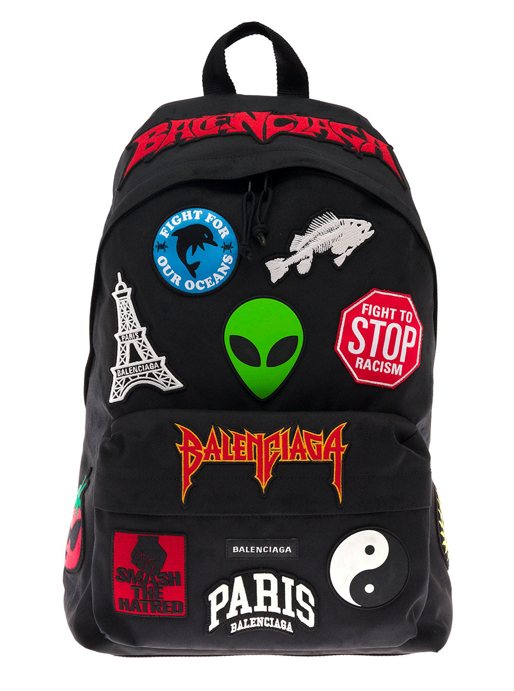Balenciaga Mans Explorer Black Nylon Backpack With Patches Polyamide Polyester Backpacks And Belt Bags