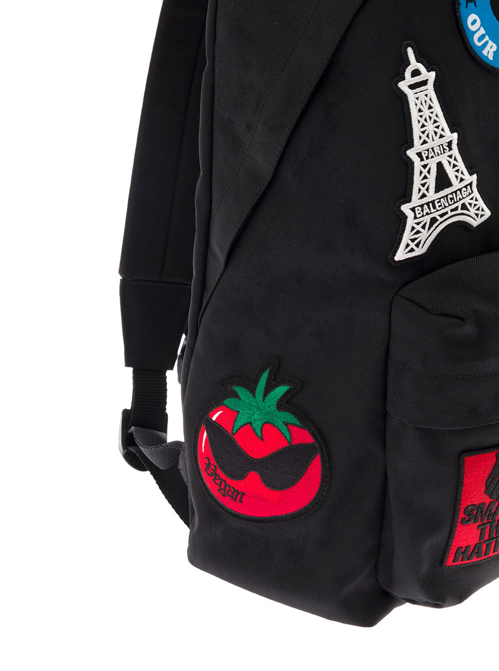 Balenciaga Mans Explorer Black Nylon Backpack With Patches Polyamide Polyester Backpacks And Belt Bags