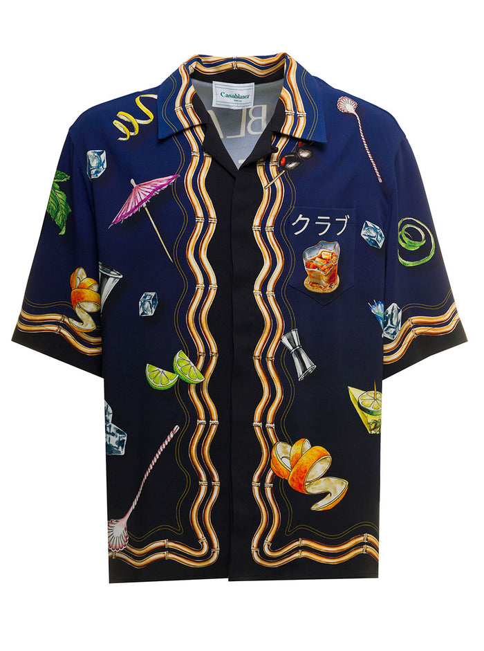Casablanca Mans Multicolor Viscose Bowling Shirt Cuban Print Blu Elastane And Blouses