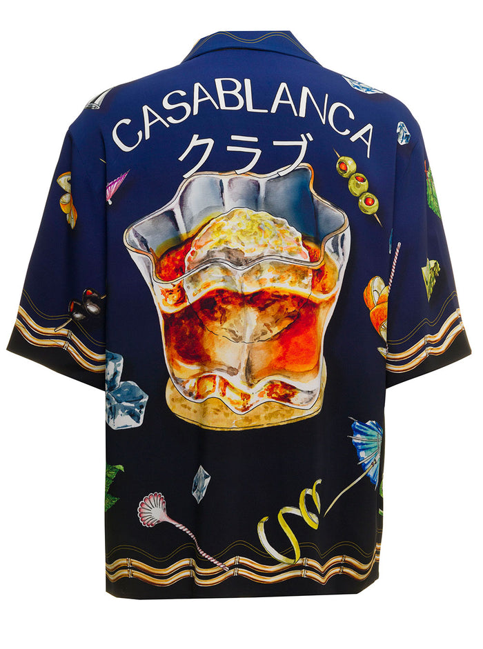 Casablanca Mans Multicolor Viscose Bowling Shirt Cuban Print Blu Elastane And Blouses