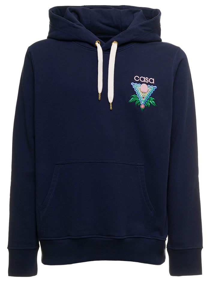 Casablanca Mans Organic Cotton Hoodie With Logo Print Blu Sweatshirts