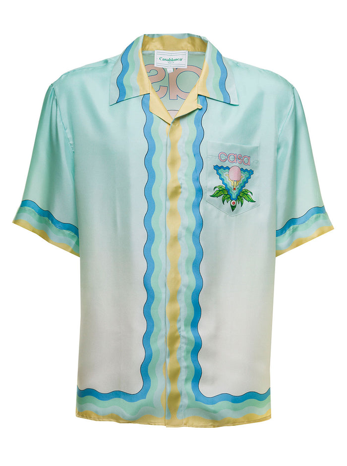 Casablanca Mans Memphis Icon Silk Satin Bowling Shirt Blu And Blouses
