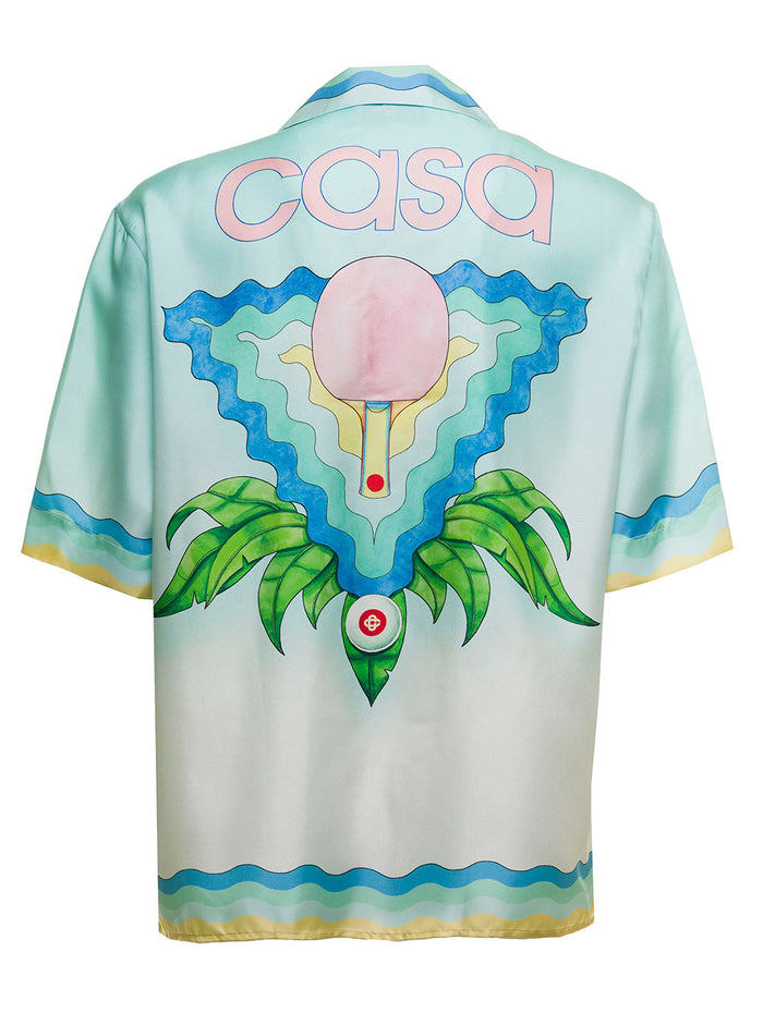 Casablanca Mans Memphis Icon Silk Satin Bowling Shirt Blu And Blouses