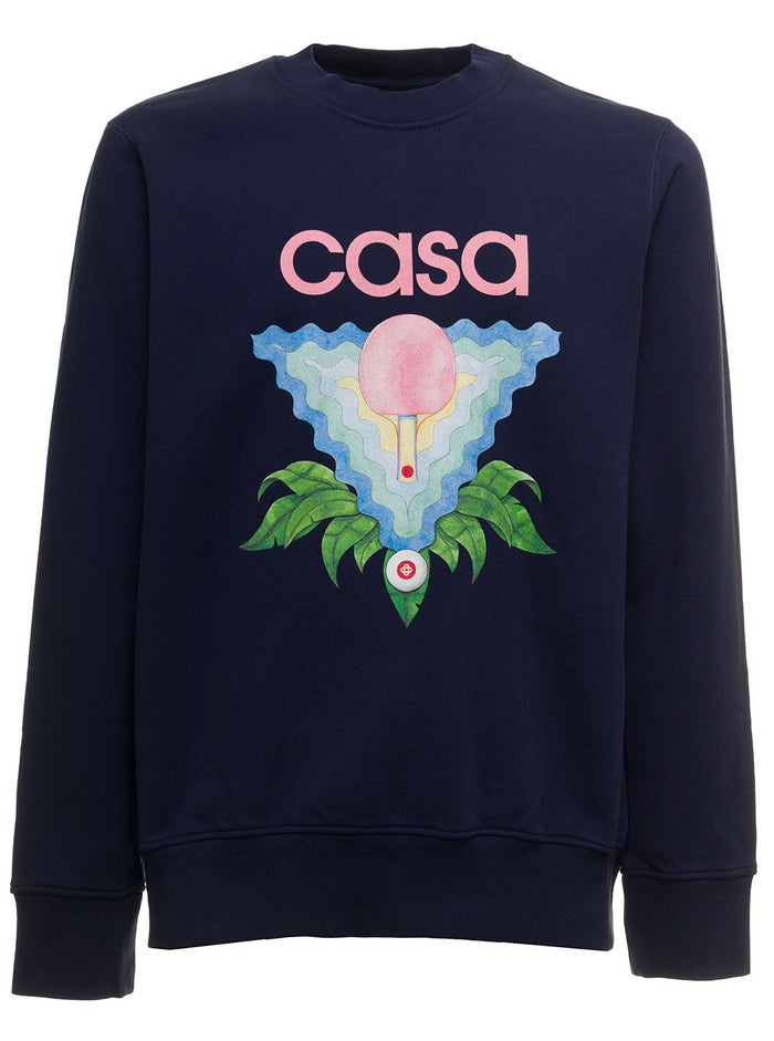 Casablanca Mans Blue Organic Cotton Sweatshirt With Logo Print Blu Sweatshirts
