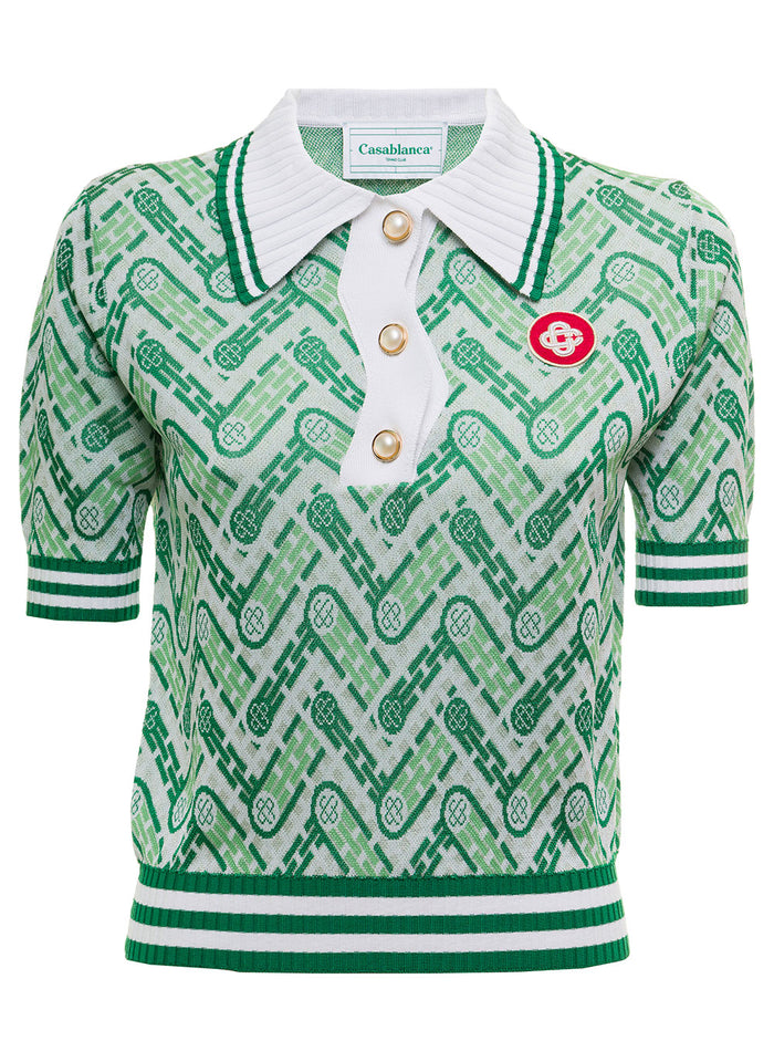 Casablanca Womans Printed Viscose Polo With Logo Green Tshirts And Shirts