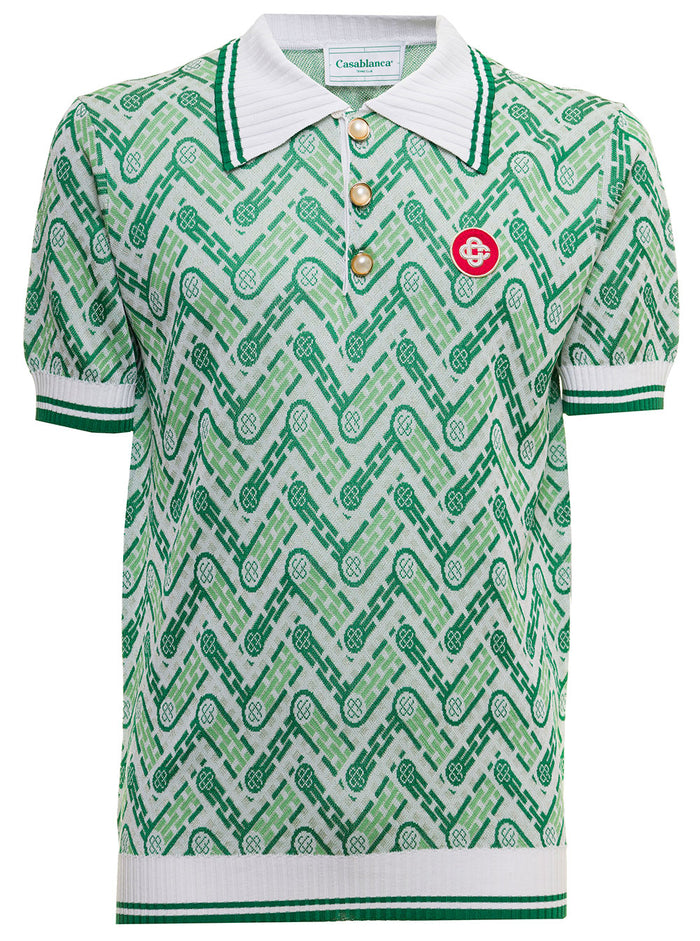 Casablanca Man S Printed Viscose Polo Shirt With Logo Green Tshirts And