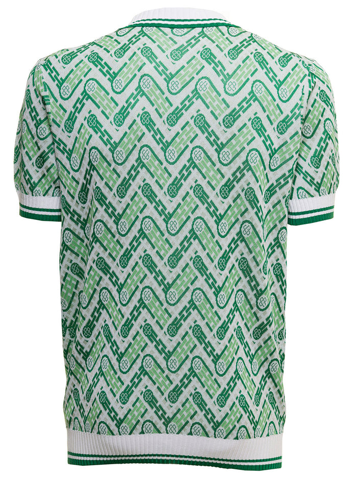 Casablanca Man S Printed Viscose Polo Shirt With Logo Green Tshirts And