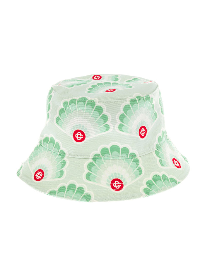 Casablanca Mans Green Denim Bucket Hat With Print Cotton And Gloves