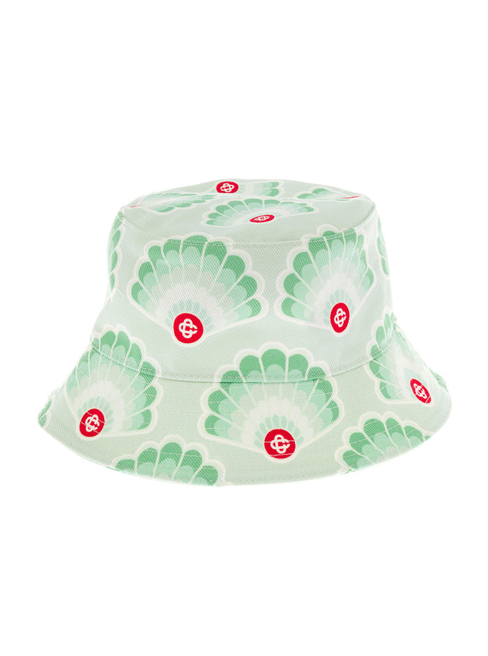 Casablanca Mans Green Denim Bucket Hat With Print Cotton And Gloves