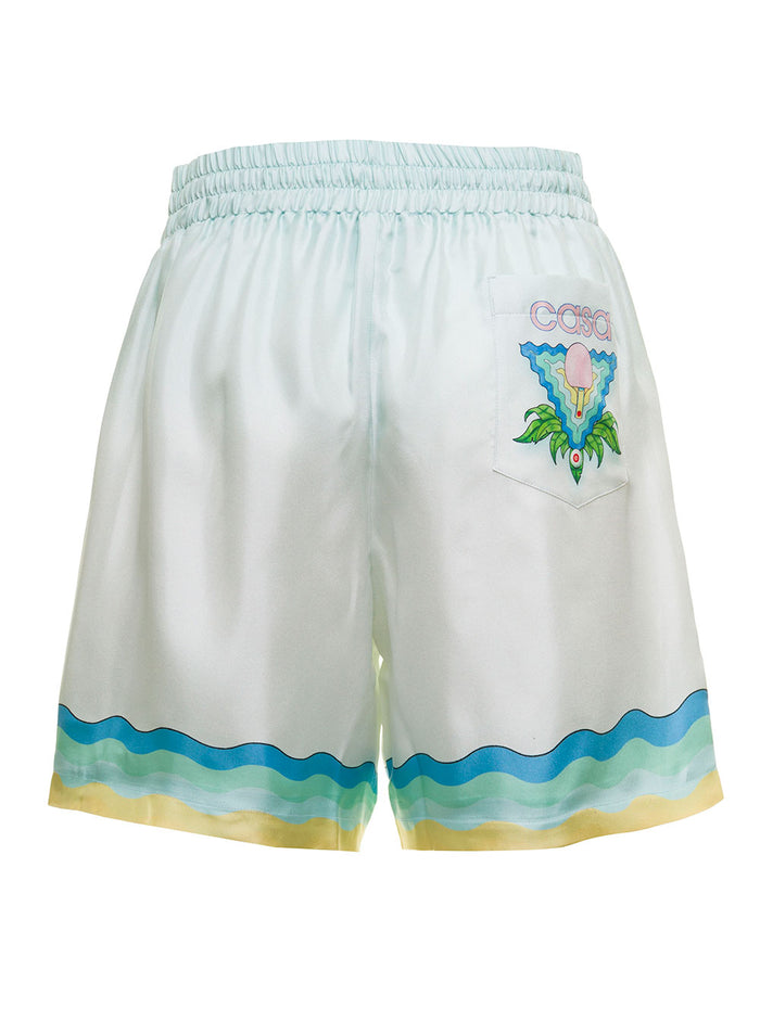 Casablanca Womans Multicolor Silk Shorts With Wavy Print White And Bermuda