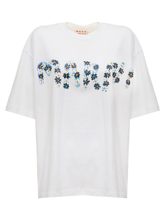 Marni Womans White Cotton T-Shirt With Floral Logo Print Tshirts And Polo Shirts
